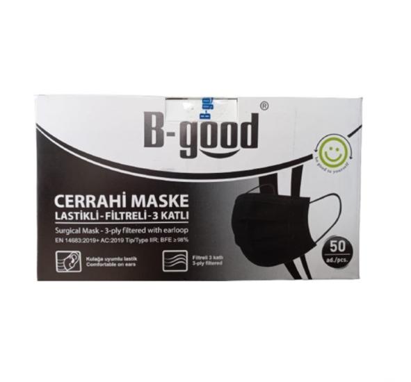 B-Good 3 Katlı Siyah Dökme Cerrahi Maske Telli 50’li